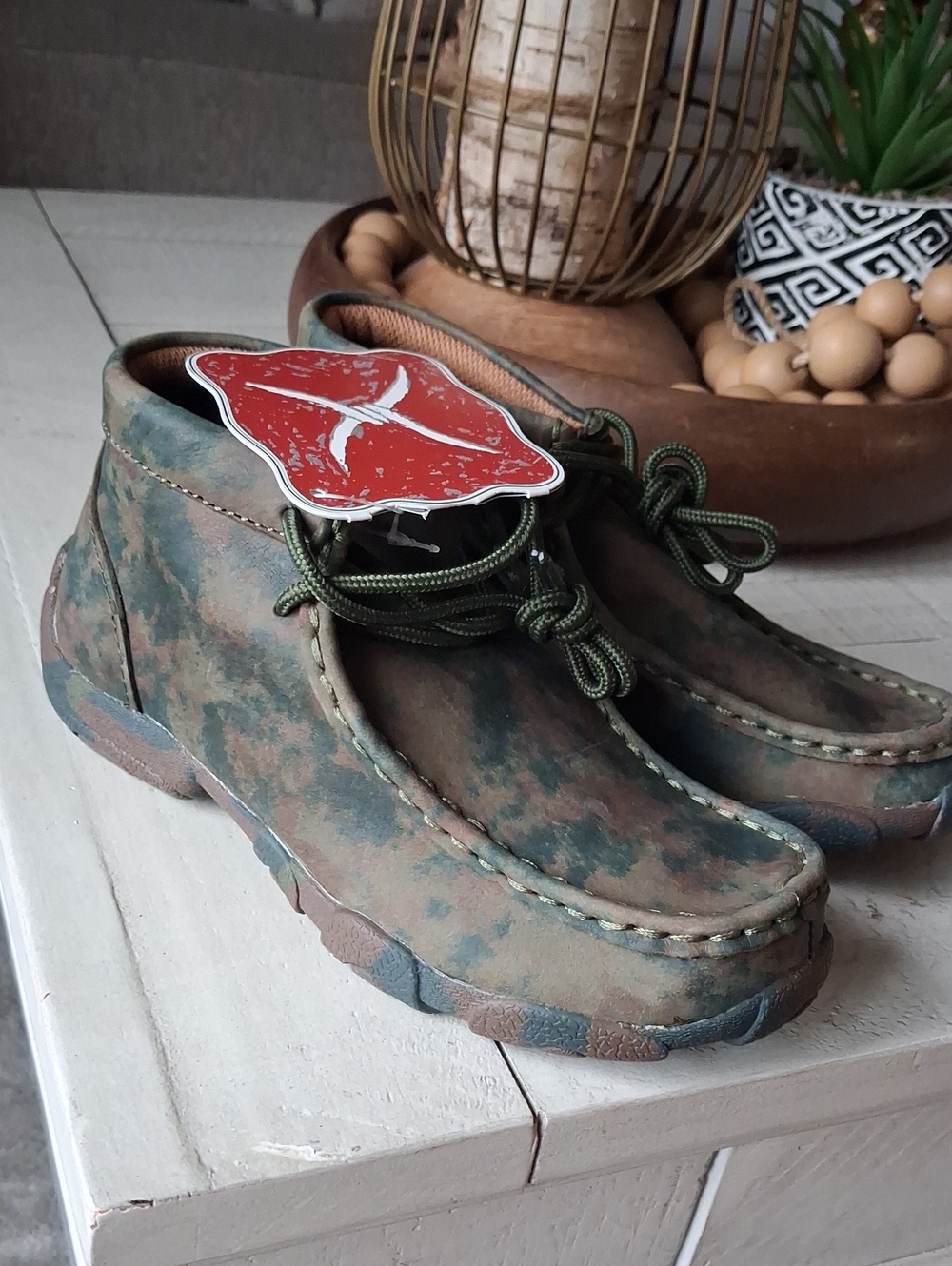 Ariat Kids Camo Moccasin Lace-Up Boots in Green and Brown
